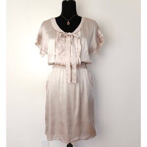 Vintage silk short sleeve midi dress women M, elastic waist button down dress